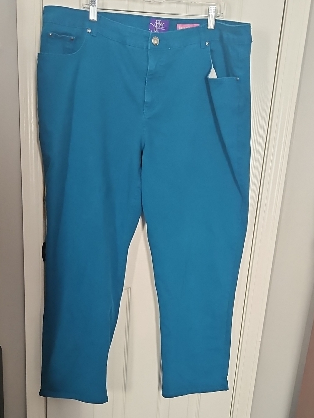 Just My Size Teal Twill Pants with Purple and Pink Labels